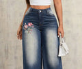 Jeansy Wide Leg z Wysokim Stanem i Haftem Kwiatowym