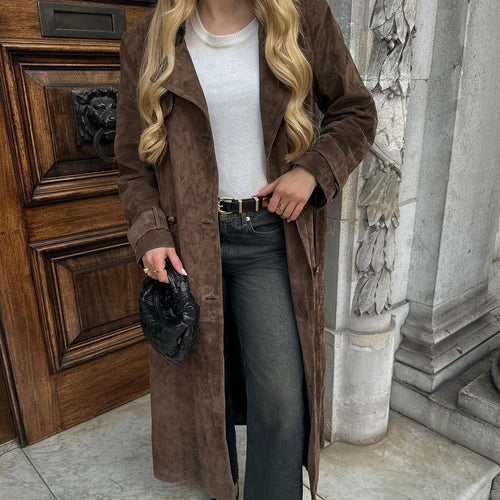 Długi płaszcz z kołnierzem typu flip-finger