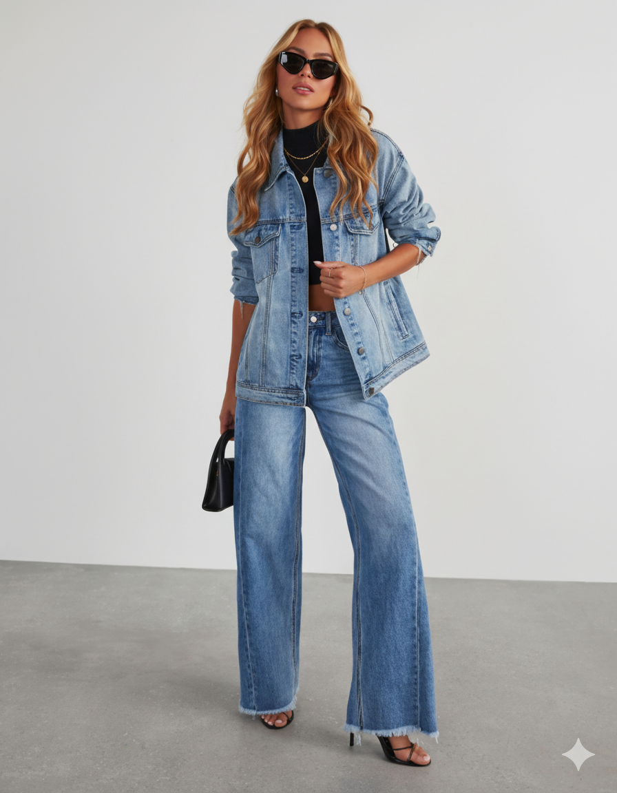 Jeansy z szerokimi nogawkami i szczotkowanym obszyciem